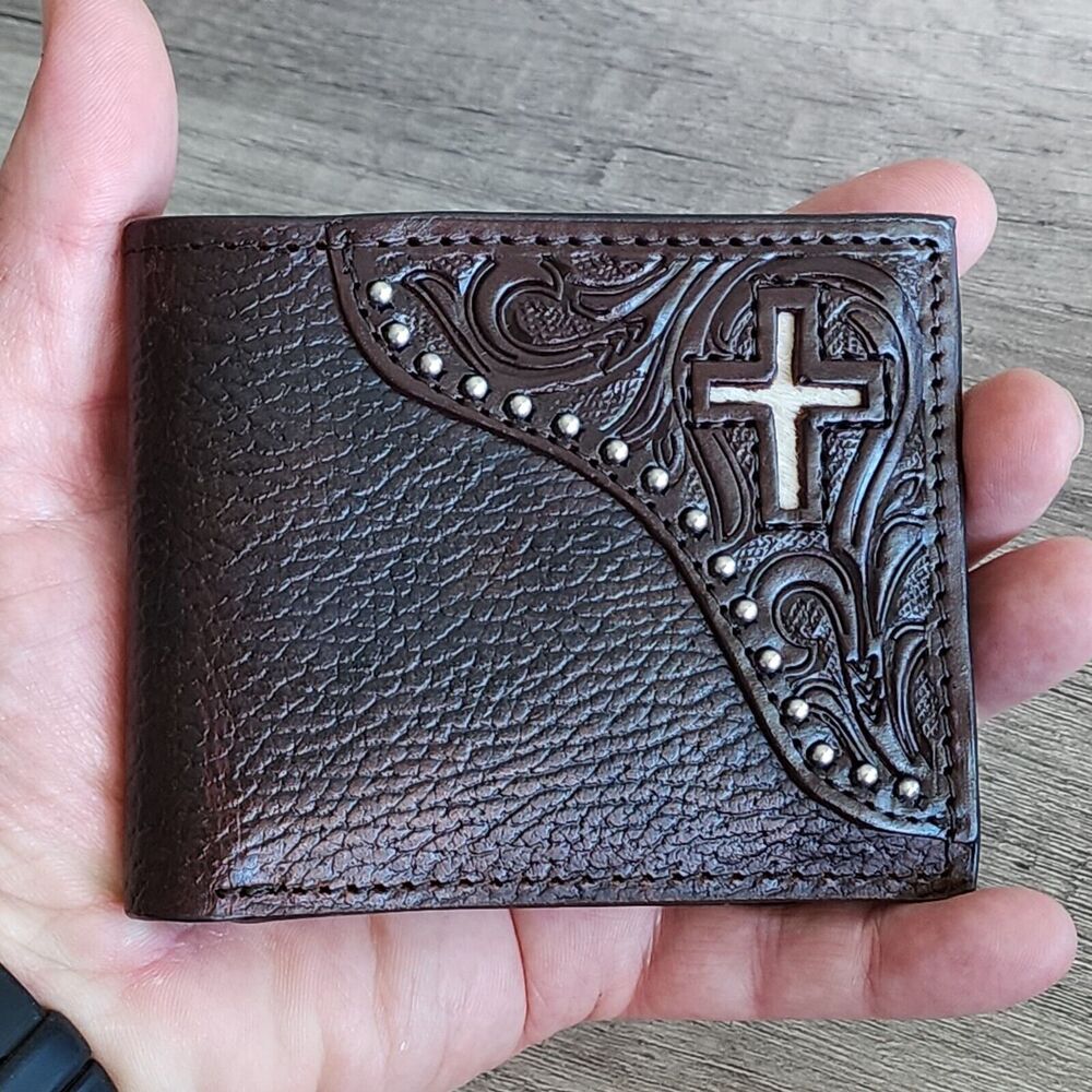Western Dark Brown Leather Bifold Wallet Cowhide Inlay Cross Silver Stud Accent - Picture 7 of 13